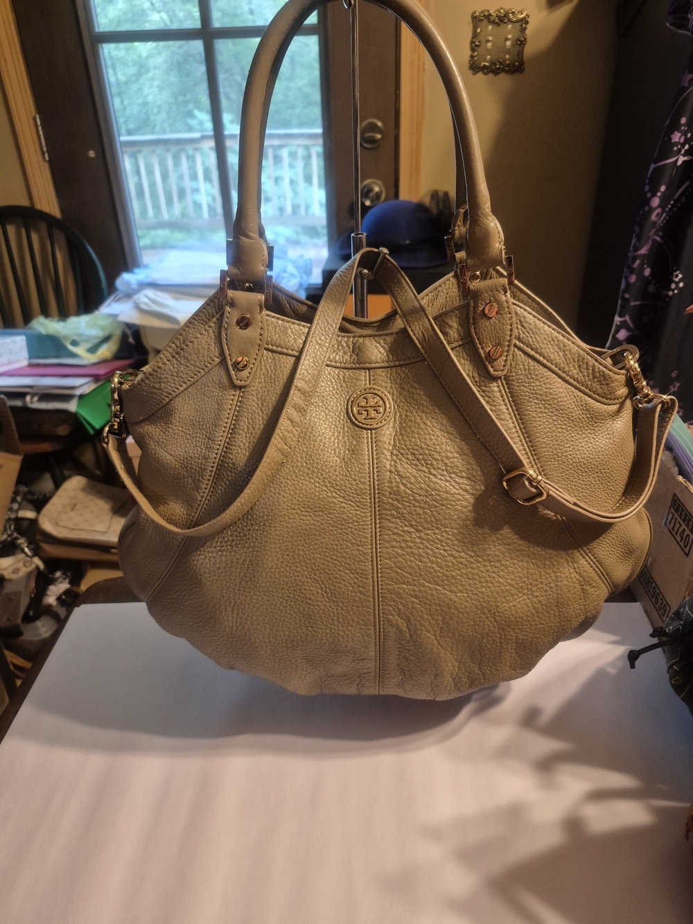 Tory Burch Pebbled Leather Taupe Shoulder Hobo